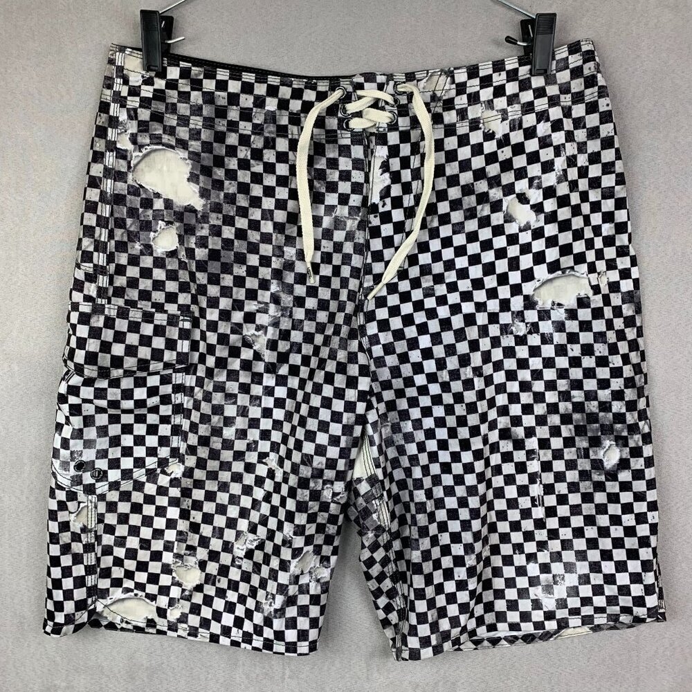 Vans Mens Swim Trunks 32 Black White Checkerboard Board Shorts Distressed Surf